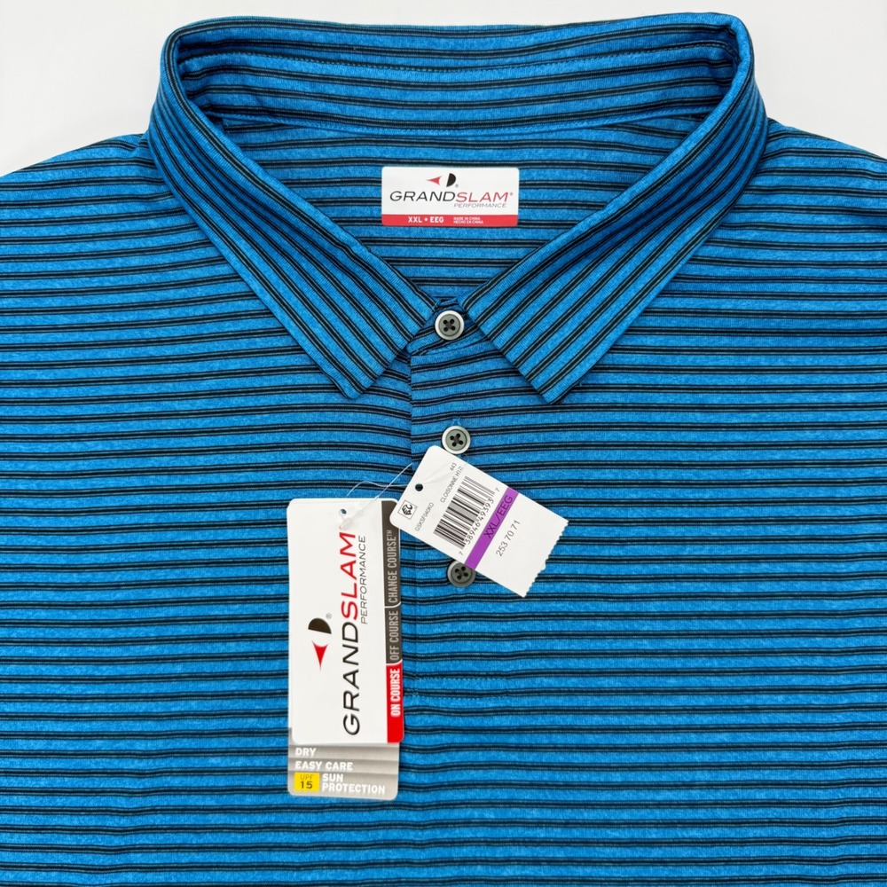 Grand Slam Polo Shirt Men XXL Blue Striped Performance Short Sleeve GSKSF040KO
